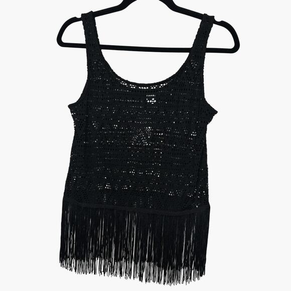 NWT H&M Black Open Crochet Tank Top With Fringe Hem Scoop Neck Sleeveless 4 - Picture 1 of 9